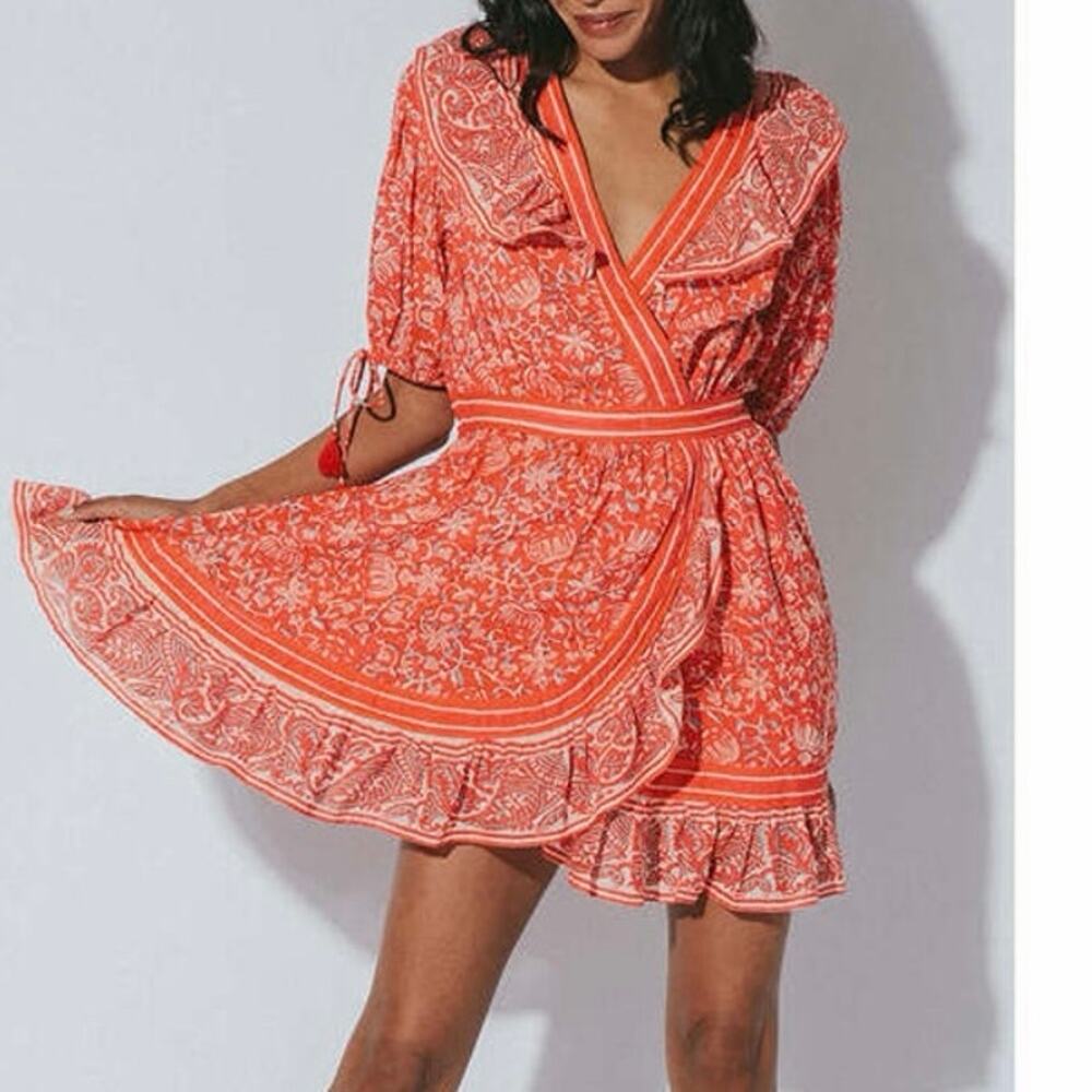 NWT Cleobella Blair Tassel-Cuff Ruffle Mini Dress Fuax Wrap Red Floral Sz XL